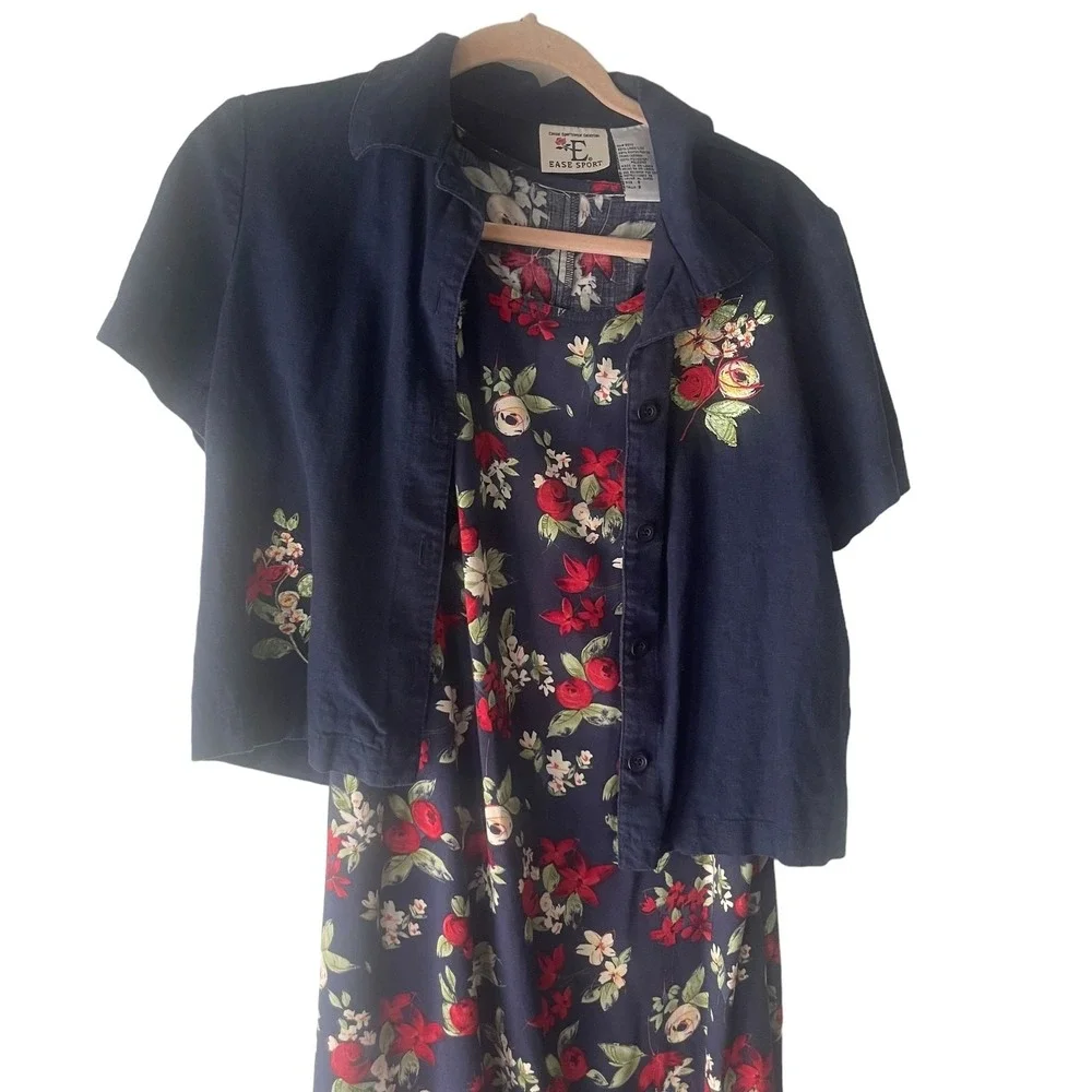 Ease Sport Vintage Size 8 Blue Floral Linen Blend‎ Dress & Cardigan Cottage